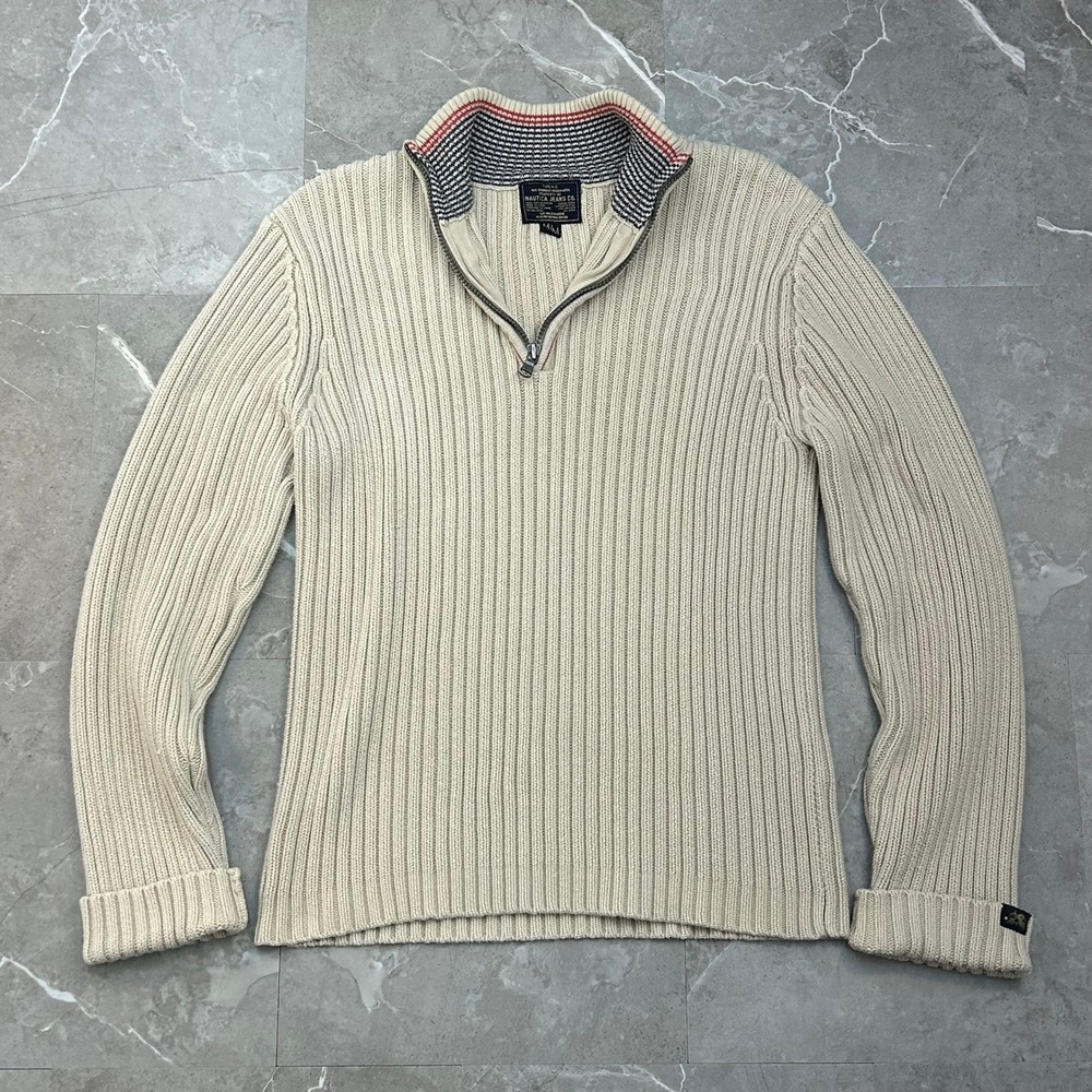 Vintage Nautica Type N-3 Ribbed Mock Neck Sweater Mens Medium Military Beige